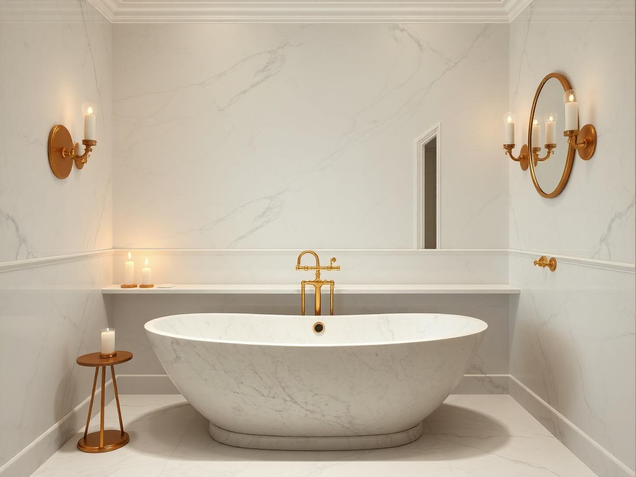 Stone bathtub in marble bathroom