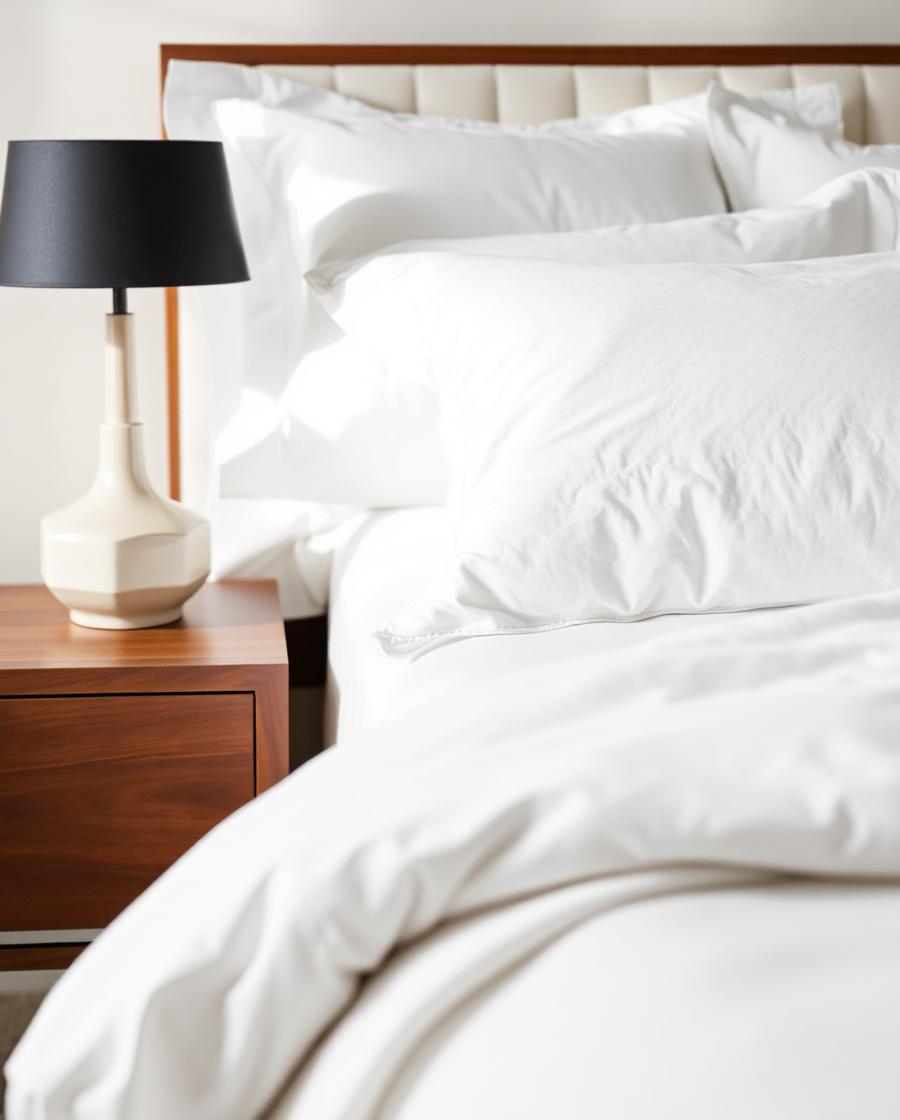 Crisp linens and nightstand