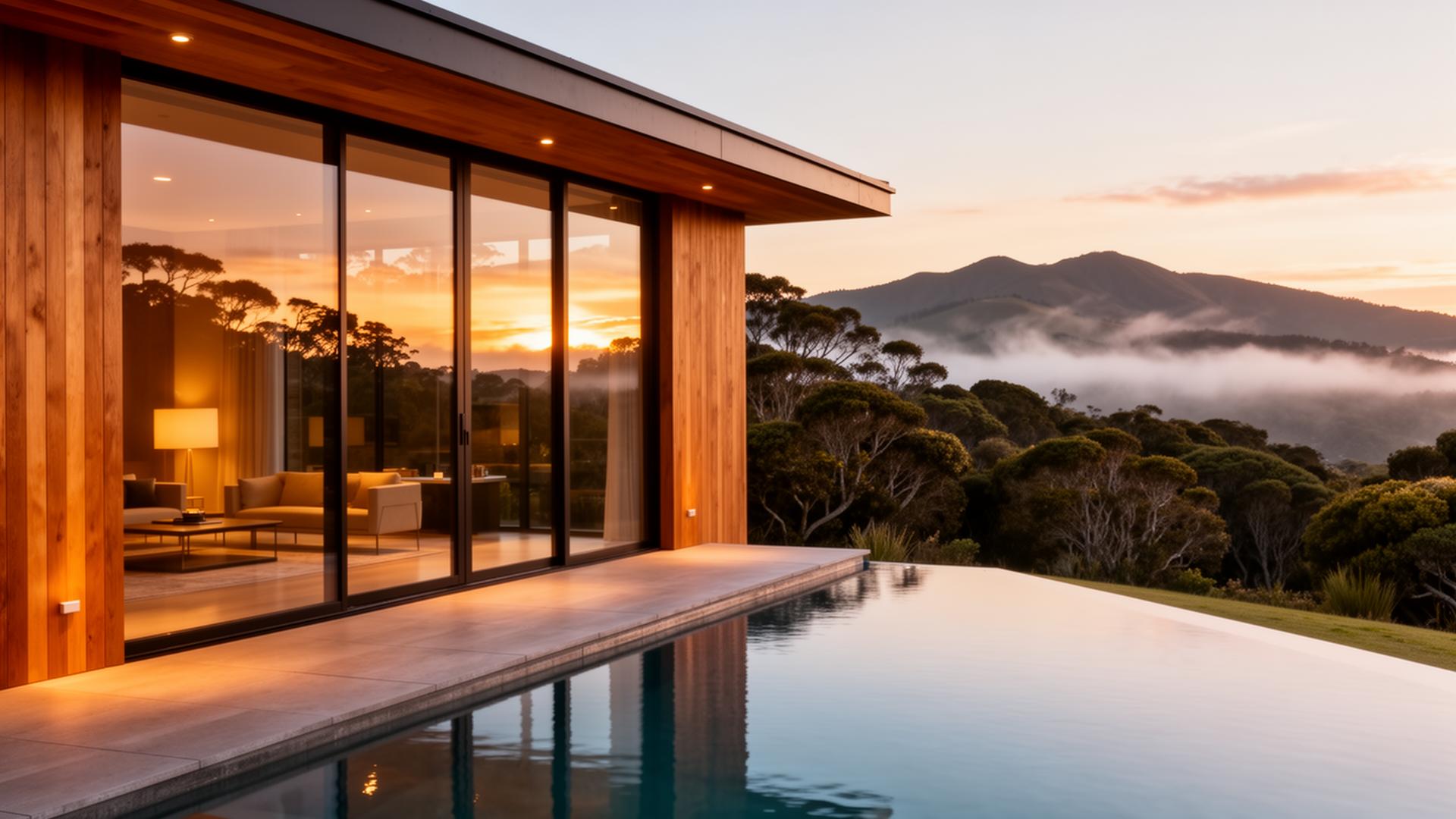 Luxury New Zealand holiday home at golden hour