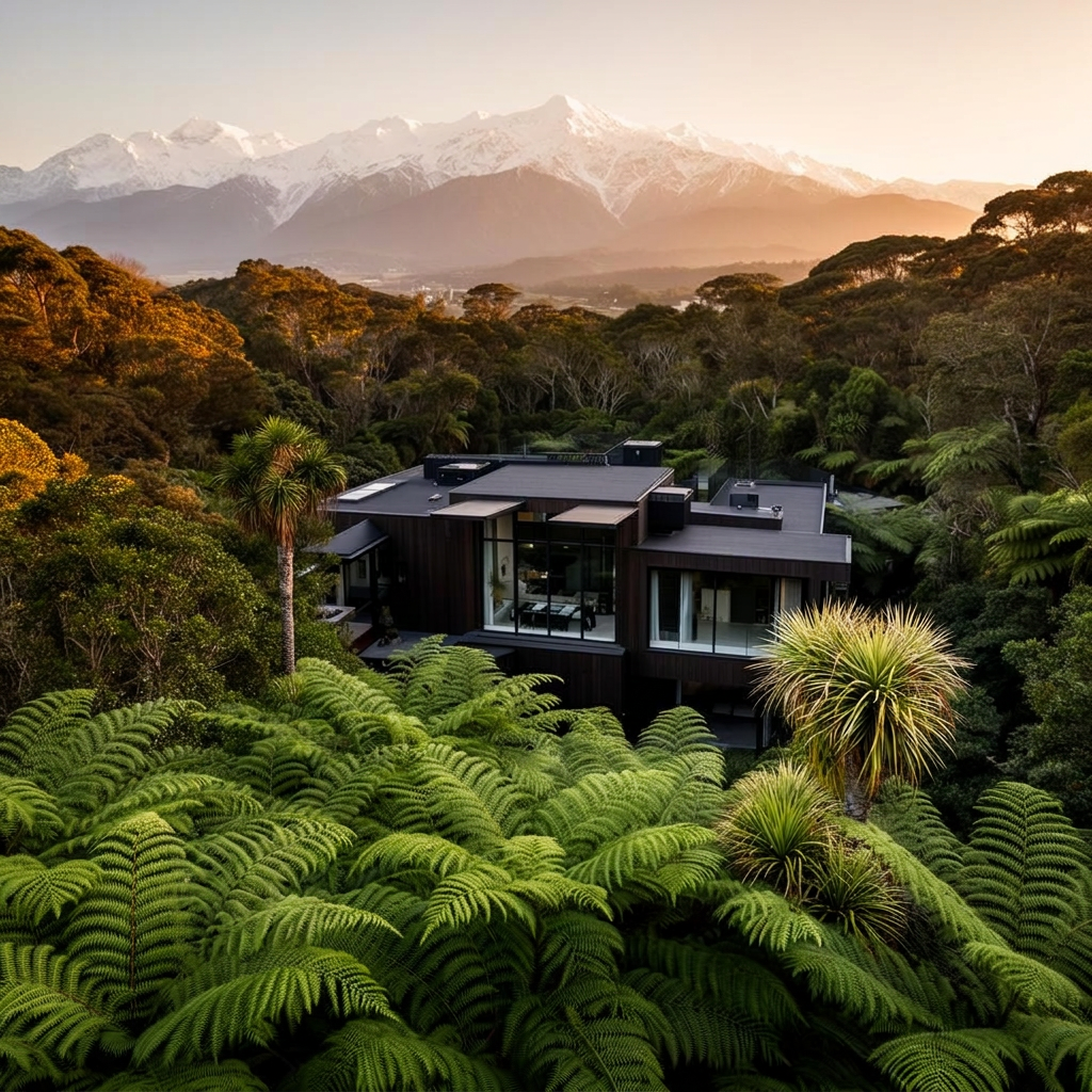 Premium holiday home nestled in dense native New Zealand bush with ferns and the Southern Alps behind