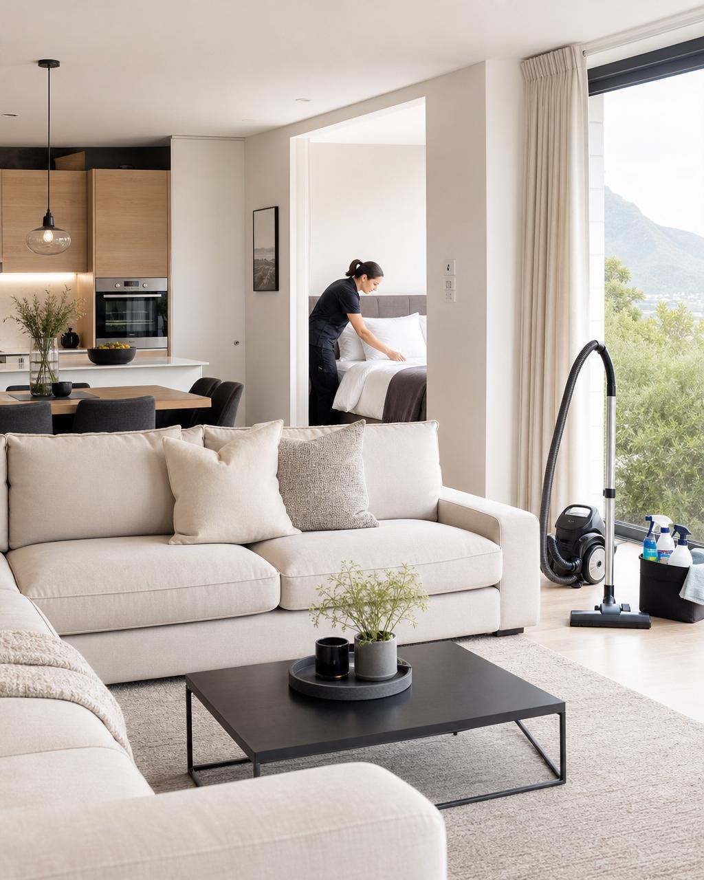 Professional housekeeping preparing a pristine short-stay property